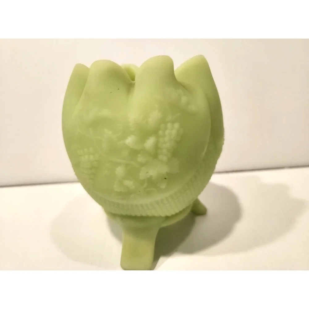Vintage Fenton Uranium Green Satin Glass Grape/Rose Bowl Footed Vase 4